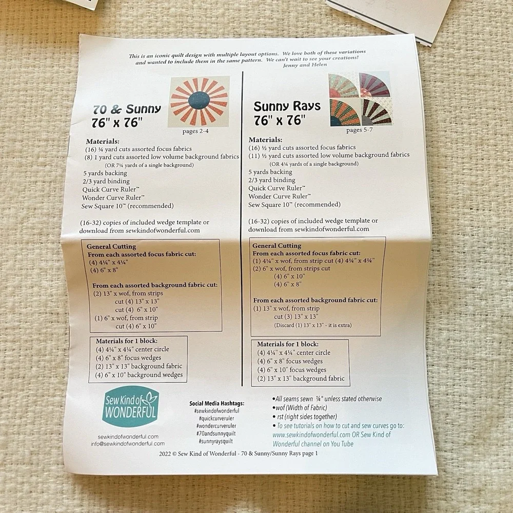 Sew‎ Kind Of Wonderful Quilt Set 70 & Sunny Rays Pattern Kit Fabric 76x76 Curve
